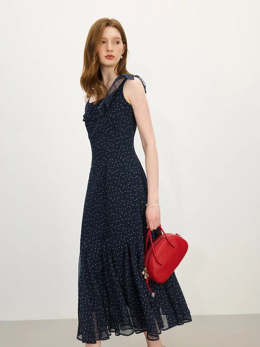 FSLE Love Heart Print Navy Chiffon Ruffled Strapless Dress for Women - Summer 2025 New Romantic Style Dresses 25FS12662