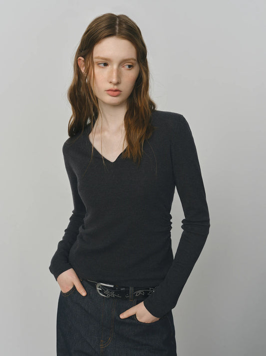 FSLE 2025 Early Autumn Women's Wool Knit T-Shirt V-Neck Elegant Office Casual Minimalist Top Y2K Coquette Pullover 25FS13301