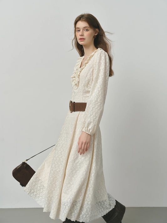 FSLE Autumn Dress Women's V-Neck Wedding Dress Long Sleeve Romantic Floral Embroidery Lace Trim Pearl Accents Loose Maxi Dress