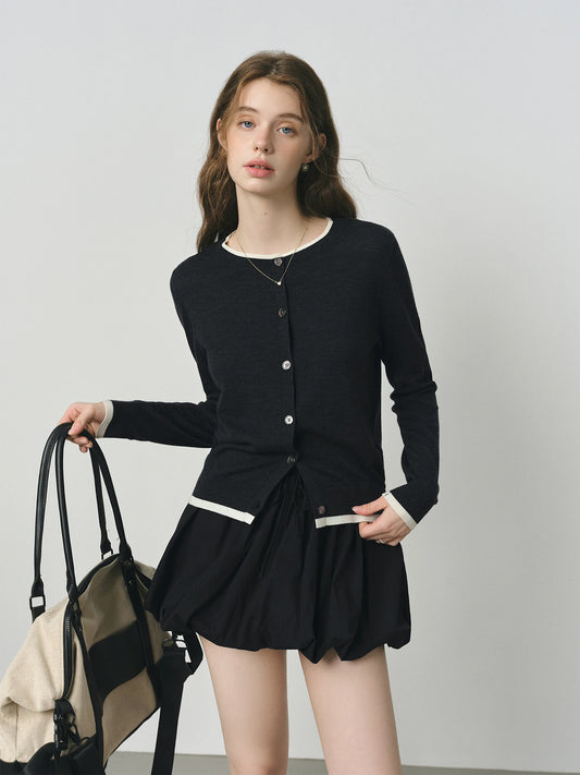 FSLE 2025 Autumn Wool Blend Knit Cardigan Women's Contrast Fake Two-Piece Minimalist Y2K Coquette Office Chic Top 25FS13012