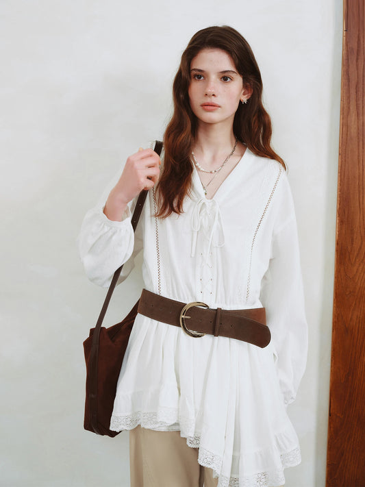 FSLE Fresh Resort Long-Sleeve Lace Appliqué Women's Dress New Autumn 2025 Short Hem Skirt Dresses Without Belt 25FS13027