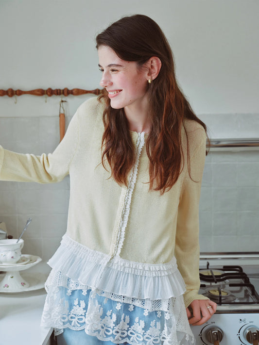 FSLE 2025 Autumn Women's Mesh Knit Cardigan Yellow White Color Top Block Round Neck Long Sleeve Y2K Coquette Office Chic Top