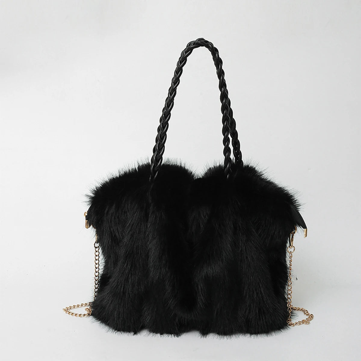 Soft plush bag with a faux fur effect.
