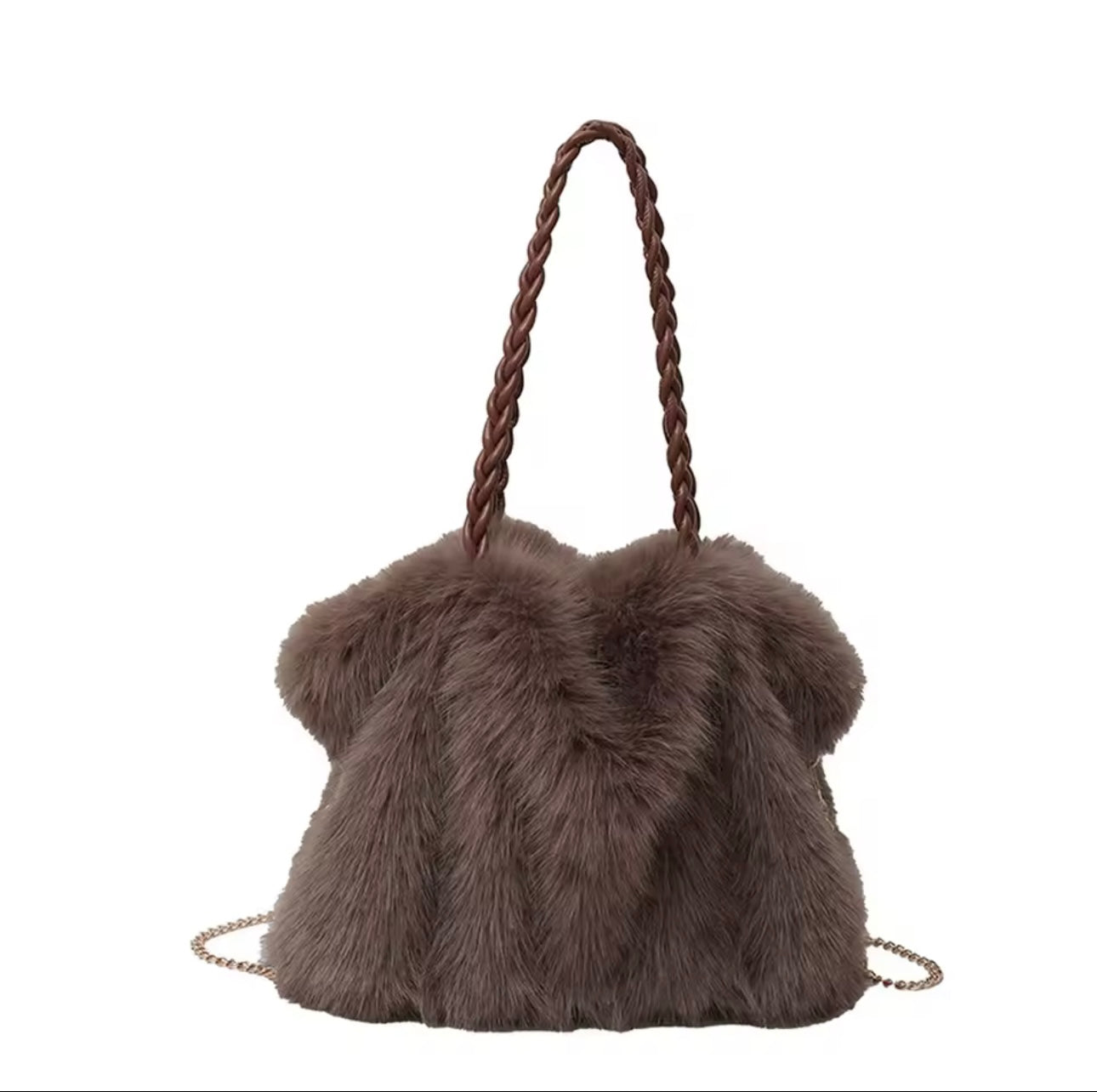 Soft plush bag with a faux fur effect.