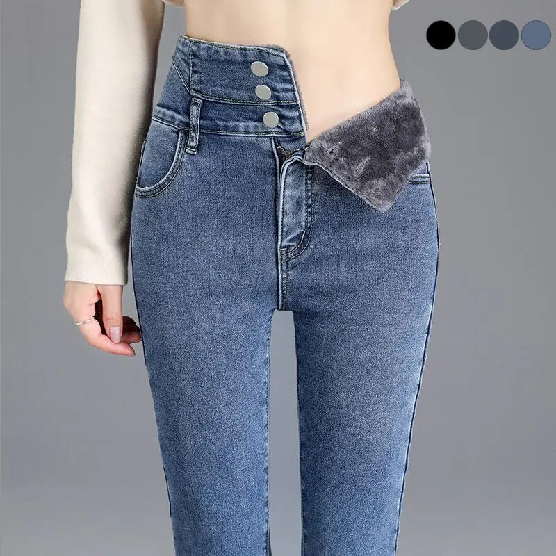Inverno térmico grosso velo de cintura alta quente jeans magros grosso feminino estiramento botão lápis calças mãe casual jeans de veludo