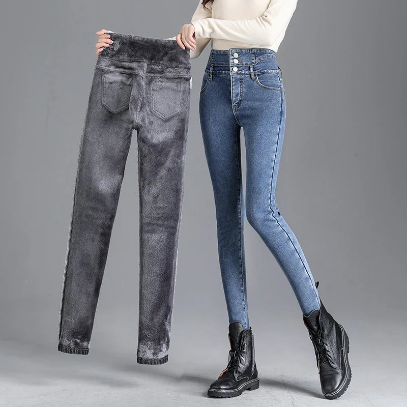 Inverno térmico grosso velo de cintura alta quente jeans magros grosso feminino estiramento botão lápis calças mãe casual jeans de veludo
