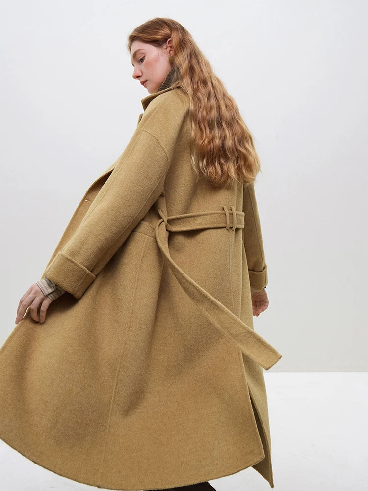 FSLE 2025 New Autumn Winter Temperament Long Coat Double Breasted Woolen Coats 58.8% Wool Belt Design Female Coat Office Lady
