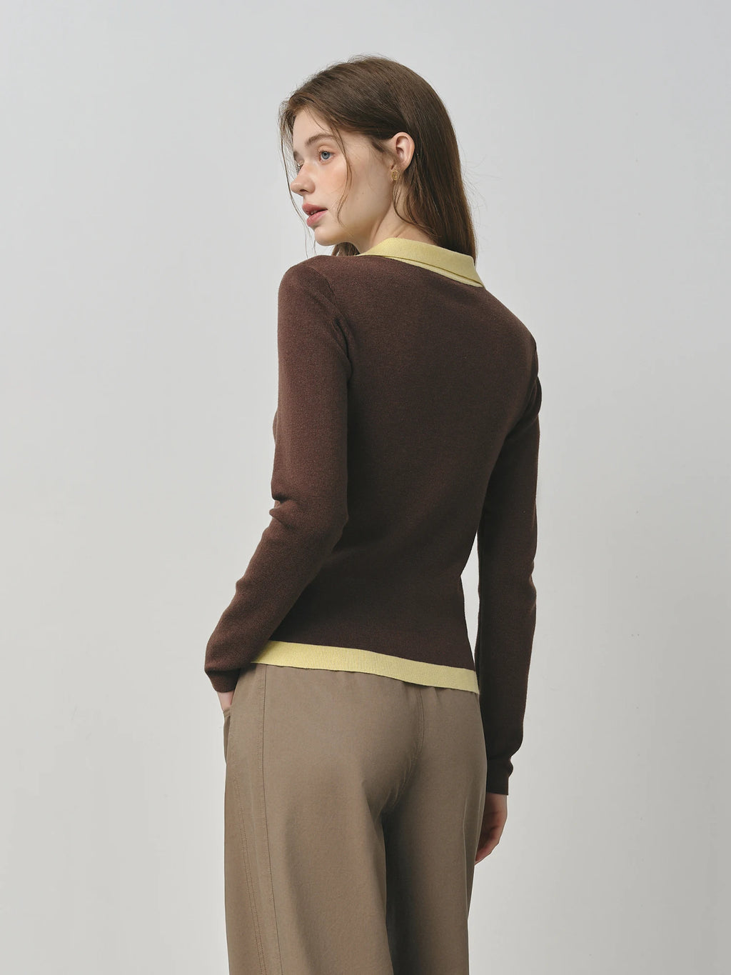 Fsle 2025 novo outono feminino camisola de malha cor bloco barenia estilo falso duas peças gola virada vintage aconchegante cabo malha topo