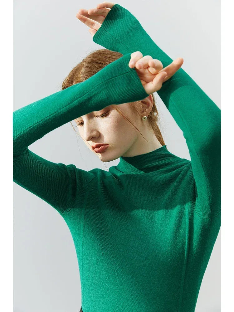 FSLE Women Velvet Half Turtleneck Bottoming Shirts Winter Slim Fit Long Sleeve Knitted Tops Office Lady Strech Solid Pullover