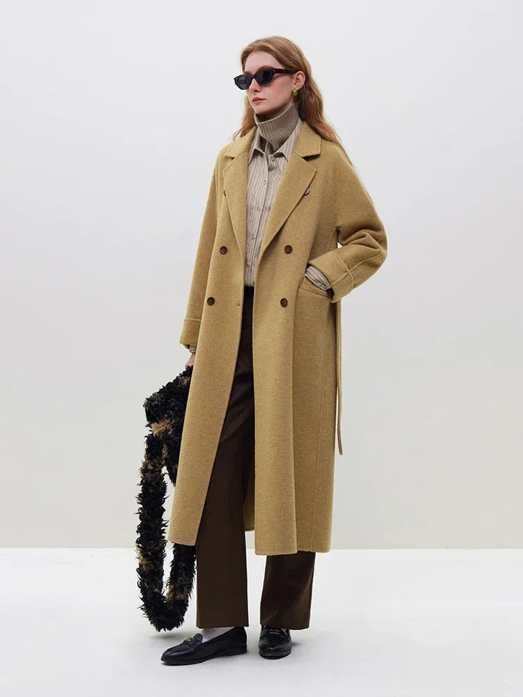 FSLE 2025 New Autumn Winter Temperament Long Coat Double Breasted Woolen Coats 58.8% Wool Belt Design Female Coat Office Lady