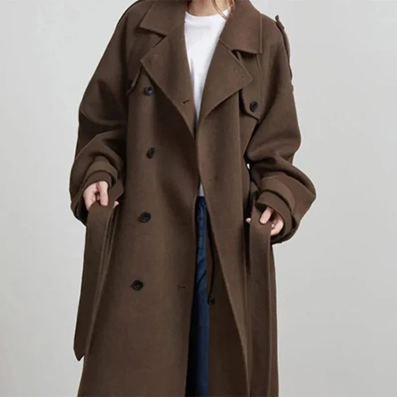 Chic Long Belted Wool Blend Coat for Women