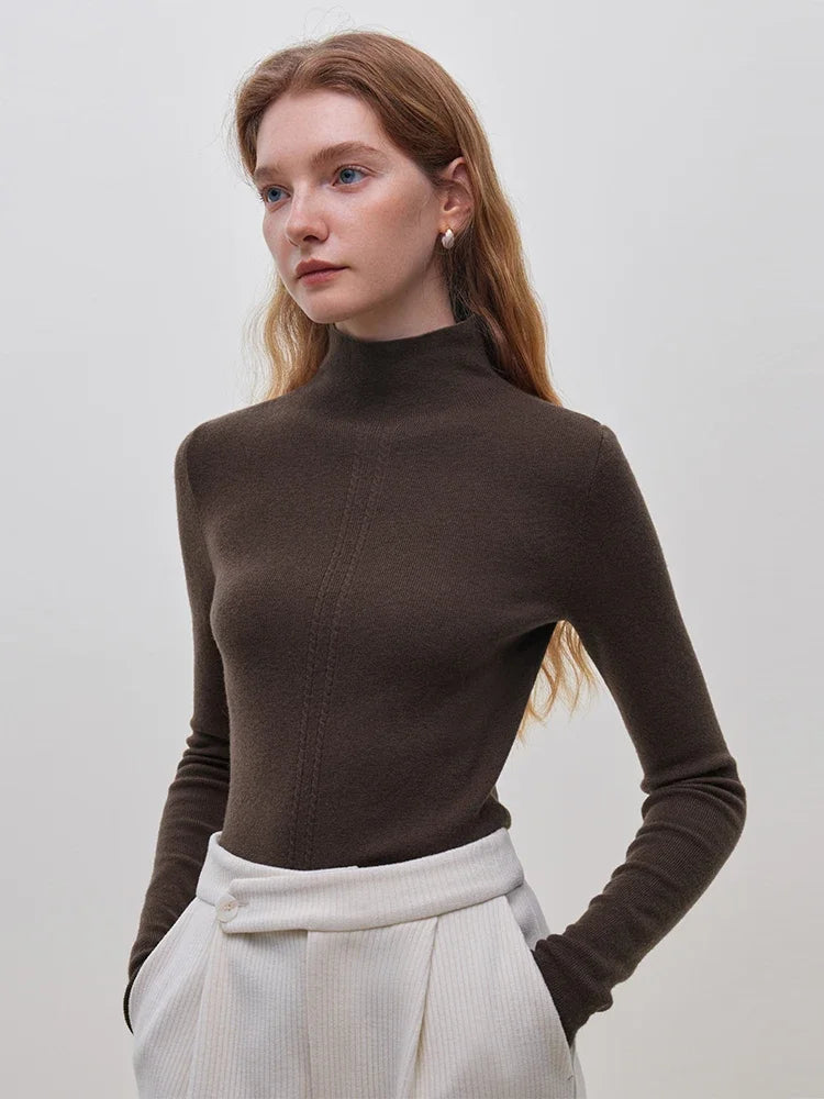 FSLE Double Cable Half Turtleneck 82.4% Wool Knitted Pullover for Women Winter 2023 New Warm Slim Korean Style Base Layer Shirt