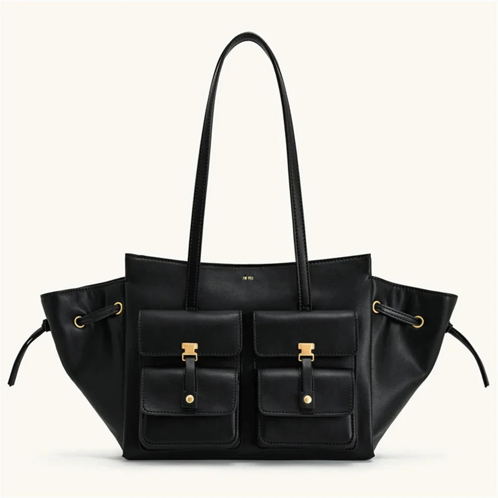 JW Pei New Canvas Black Motorcycle Style Tote Bag Women's Large Capacity Crossbody Purse for Commuters Underarm Shoulder Handbag
