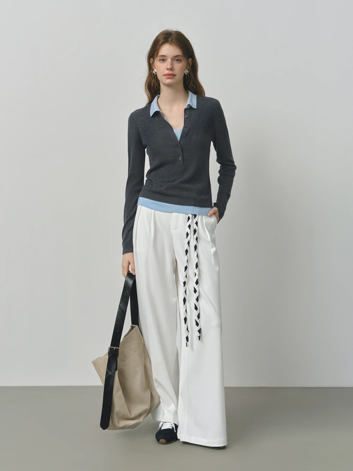 Fsle 2025 novo outono feminino camisola de malha cor bloco barenia estilo falso duas peças gola virada vintage aconchegante cabo malha topo