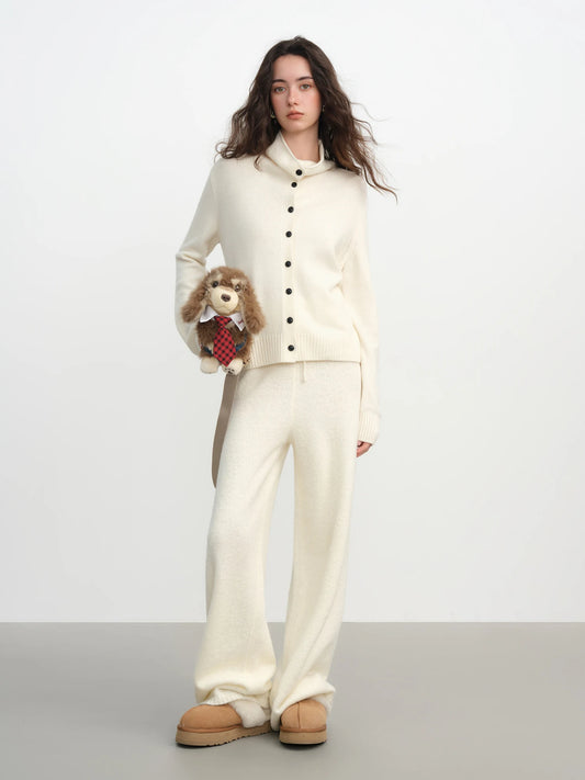 FSLE 2025 Winter Women's Convertible Collar Wool Blend Knit Cardigan - Turtle Neck & Lapel Two Way Wear Long Sleeve Coat