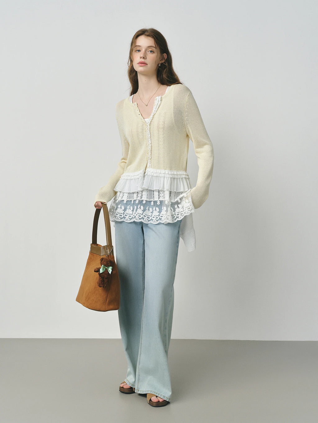 FSLE 2025 Autumn Women's Mesh Knit Cardigan Yellow White Color Top Block Round Neck Long Sleeve Y2K Coquette Office Chic Top