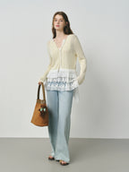 FSLE 2025 Autumn Women's Mesh Knit Cardigan Yellow White Color Top Block Round Neck Long Sleeve Y2K Coquette Office Chic Top