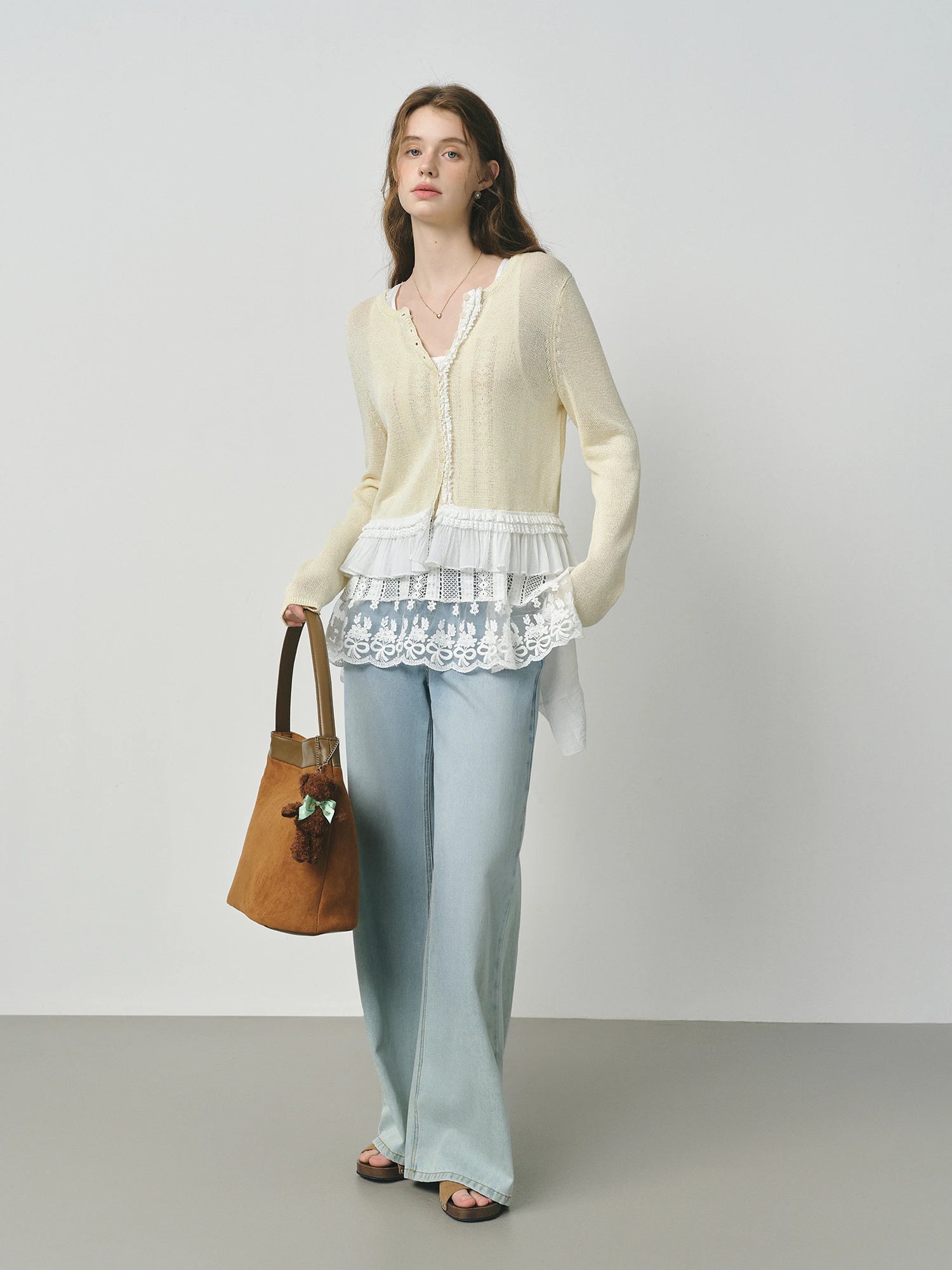 FSLE 2025 Autumn Women's Mesh Knit Cardigan Yellow White Color Top Block Round Neck Long Sleeve Y2K Coquette Office Chic Top