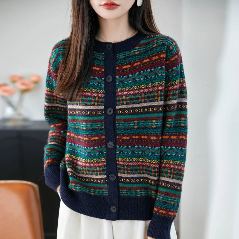Yoyoselect 100% lã merino feminino listrado cardigan camisola fair isle cashmere camisola o pescoço macio quente topos roupas