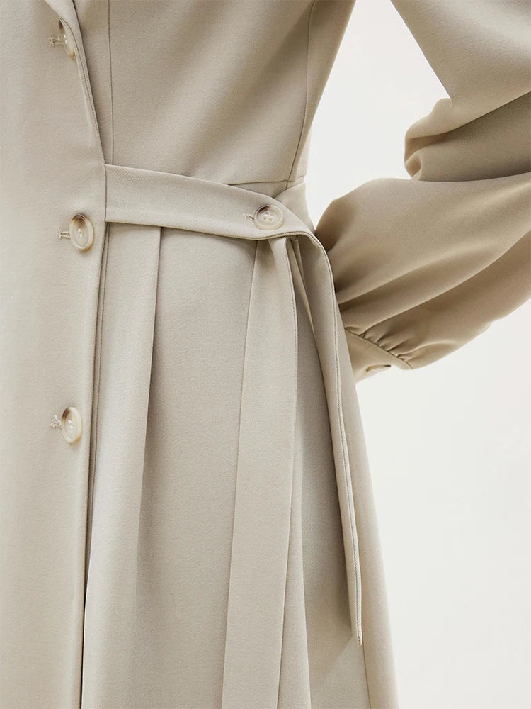 FSLE 2025 New Notched Collar Office Lady Dress Autumn Long Puff Sleeve Double Breasted Suit Dress Solid Twill Women Khaki Dress