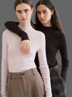 FSLE【Série Premium】Lã de Biela Alemã Outono Super Fina Lavável Sem Costura Mock Neck Camisa de Camada de Base Térmica Feminina