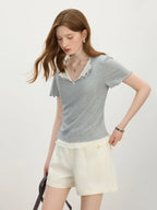 Fsle falso duas peças lapela dupla camada de malha de manga curta camiseta feminina verão 2025 novo estilo idade-reduzindo topos 25fs12534