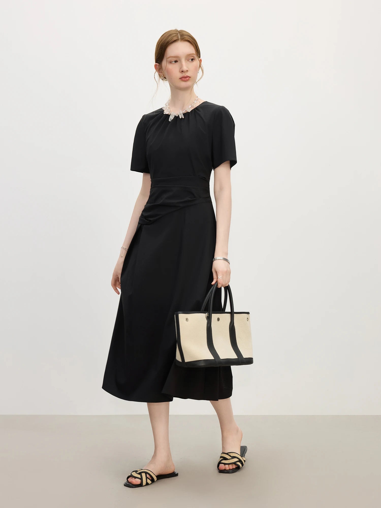 FSLE Black Temperament Waist A-line Dress for Women Summer 2025 New Slim Fit 25FS12744+25FS12742