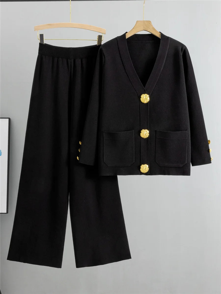 Feminino elegante malha 2 peça define coreano malha único breasted camisola cardigan topos conjuntos de cintura alta calças largas perna outfit