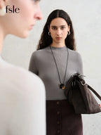 FSLE【Série Premium】Lã de Biela Alemã Outono Super Fina Lavável Sem Costura Mock Neck Camisa de Camada de Base Térmica Feminina