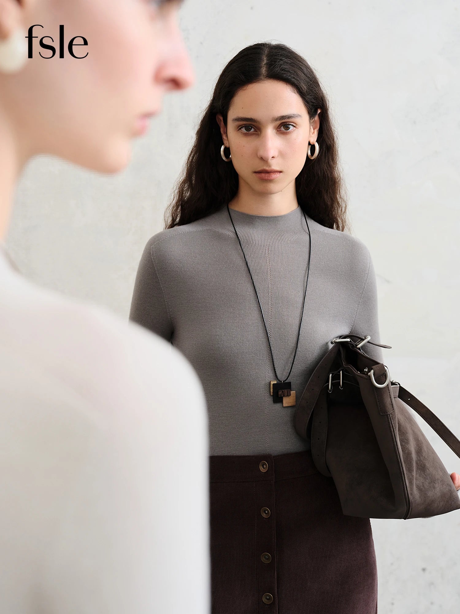 FSLE【Série Premium】Lã de Biela Alemã Outono Super Fina Lavável Sem Costura Mock Neck Camisa de Camada de Base Térmica Feminina