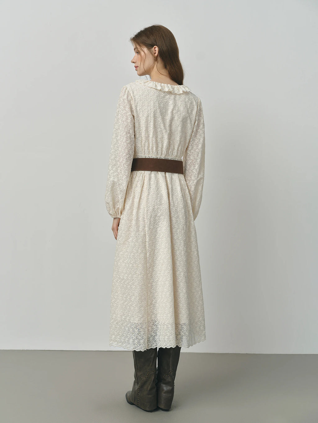 FSLE Autumn Dress Women's V-Neck Wedding Dress Long Sleeve Romantic Floral Embroidery Lace Trim Pearl Accents Loose Maxi Dress