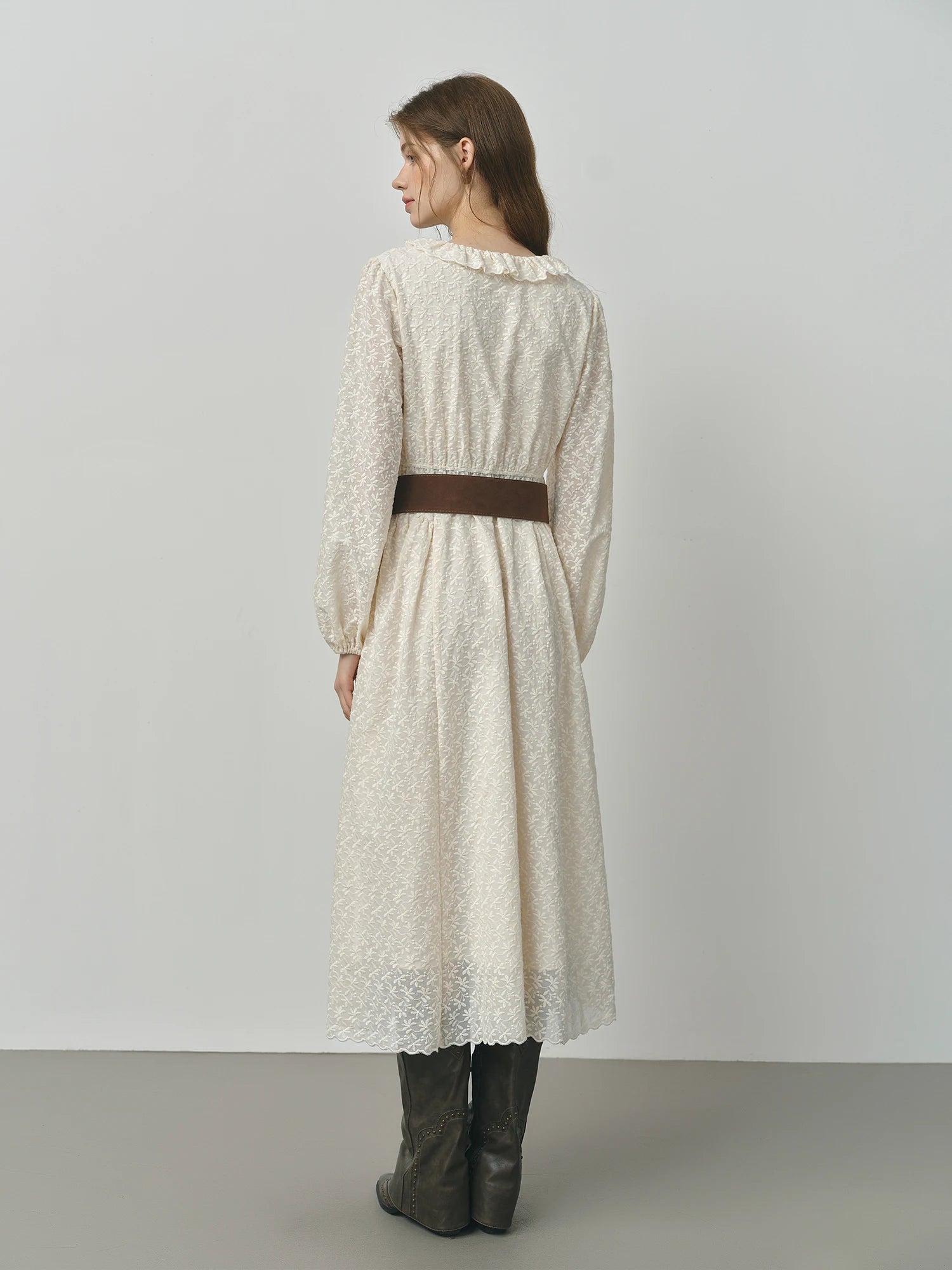 FSLE Autumn Dress Women's V-Neck Wedding Dress Long Sleeve Romantic Floral Embroidery Lace Trim Pearl Accents Loose Maxi Dress