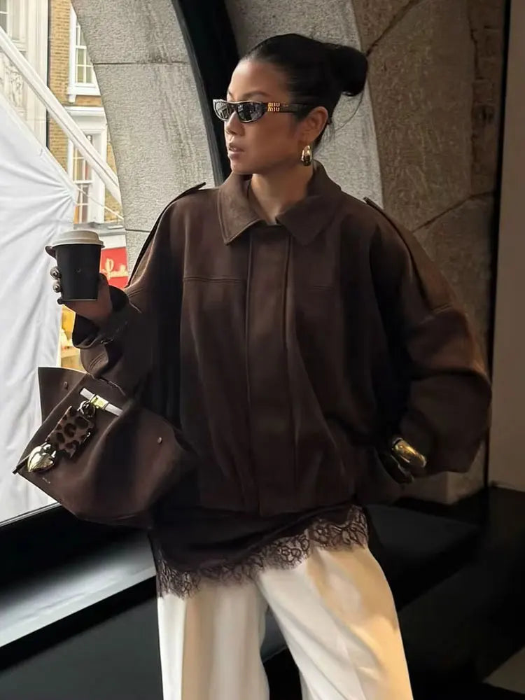 HH Moda de rua feminina sólida solta camurça textura casacos causal mangas longas morcego lapela zíper voar inverno jaquetas vintage