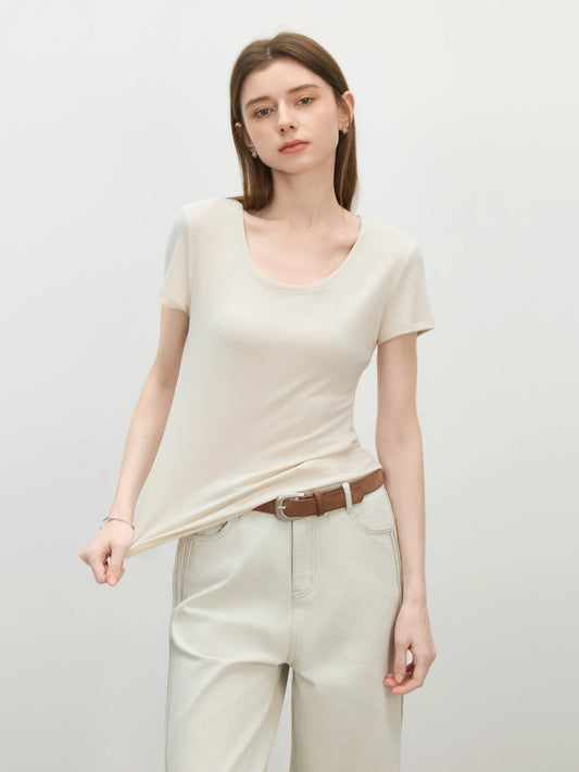 FSLE U-Neck Stretch Short Sleeve T-Shirt for Women - Summer 2025 New Arrival Soft & Relaxed Fit Versatile Top T-Shirt 25FS12552