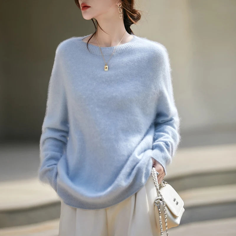 WinvyNee Roupas femininas de lã escovada, gola redonda, rosa, suéteres casuais, macios, sólidos, de malha, pulôveres, inverno a1713001