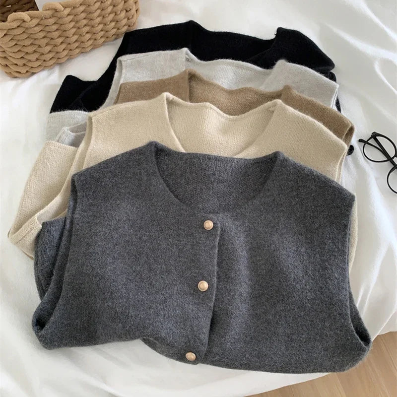 Camisola feminina colete botão dourado até colete de malha macia sem mangas cardigan jaqueta superior outono inverno coreano senhoras chique outfit