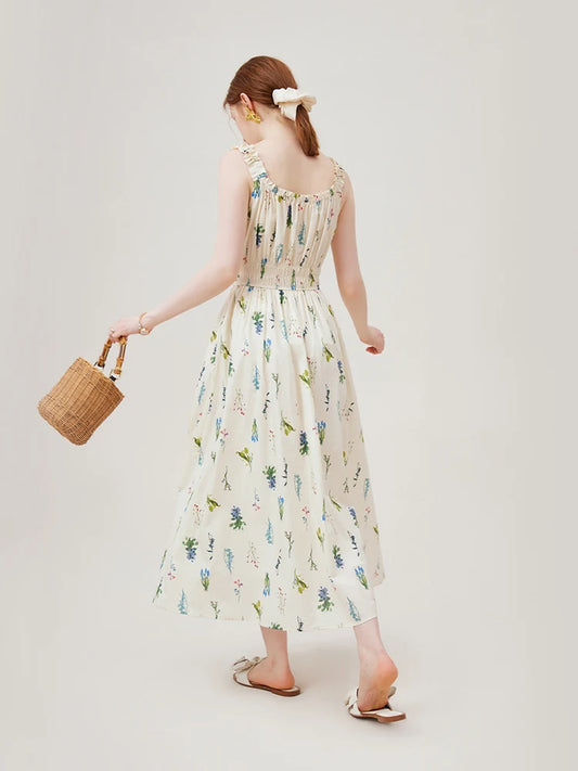 FSLE Women Sleeveless Long Dress Print Design High Waist X-LINE 2024 Summer New Thin Strappy Cotton Dresses 24FS18029