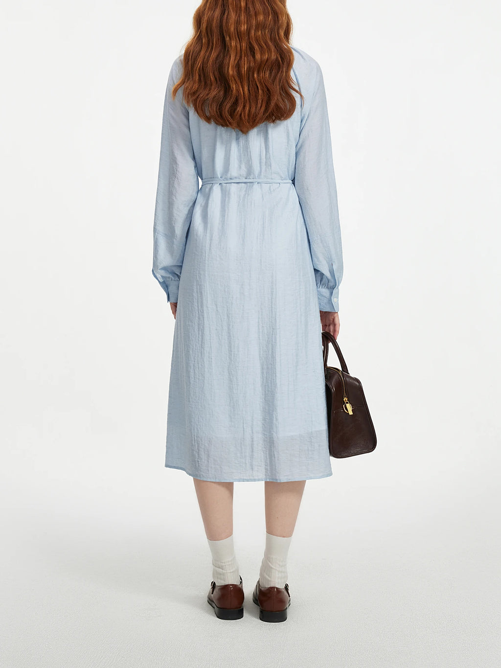 FSLE Women Shirt Long Dress Round Neck Raglan Sleeve Sashes Design Female Blue Autumn Long Sleeve 6.8% Linen Dress 24FS13359