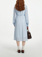 FSLE Women Shirt Long Dress Round Neck Raglan Sleeve Sashes Design Female Blue Autumn Long Sleeve 6.8% Linen Dress 24FS13359