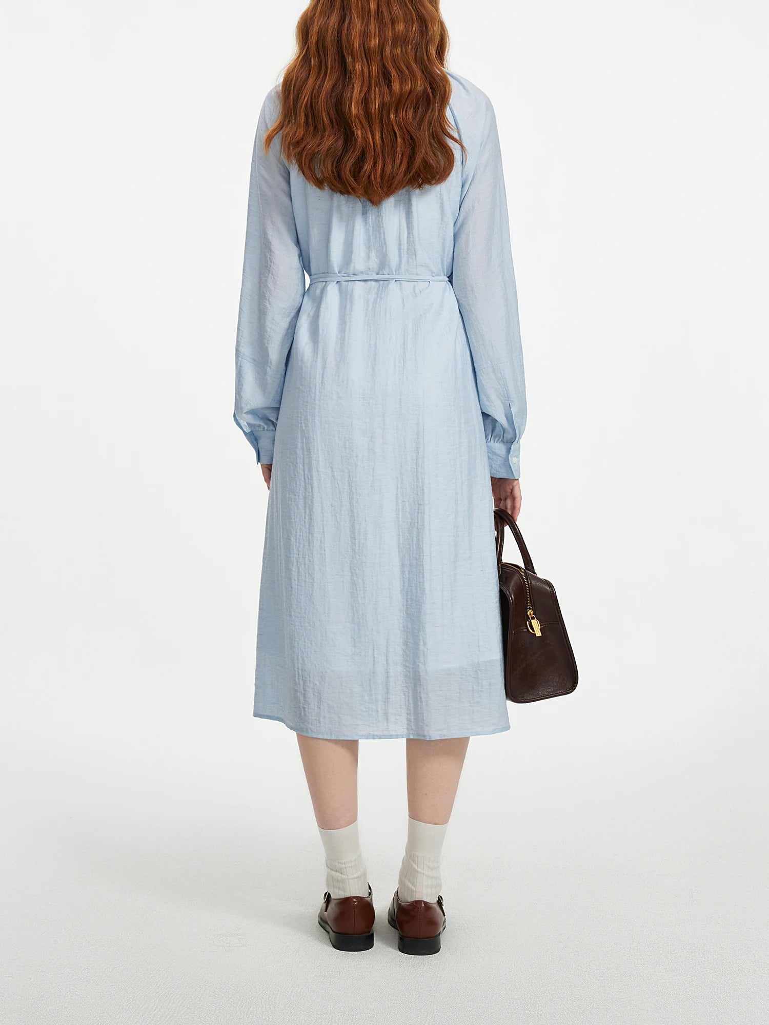FSLE Women Shirt Long Dress Round Neck Raglan Sleeve Sashes Design Female Blue Autumn Long Sleeve 6.8% Linen Dress 24FS13359