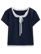 FSLE Sweet Navy Blue Age-reducing Fake Two-piece T-shirt for Women Summer 2025 New Arrival Korean Style Simple Tops 25FS12223