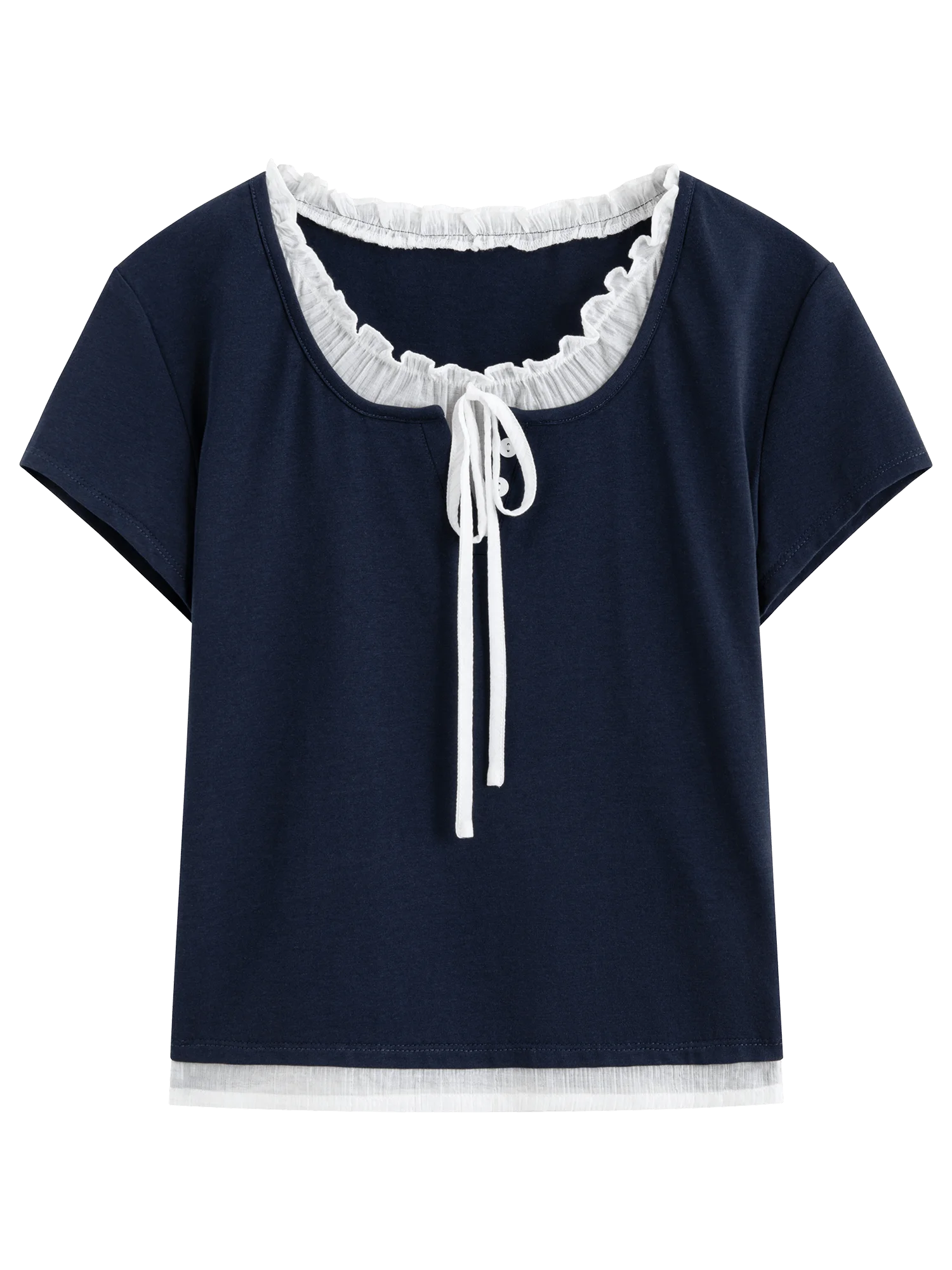 FSLE Sweet Navy Blue Age-reducing Fake Two-piece T-shirt for Women Summer 2025 New Arrival Korean Style Simple Tops 25FS12223