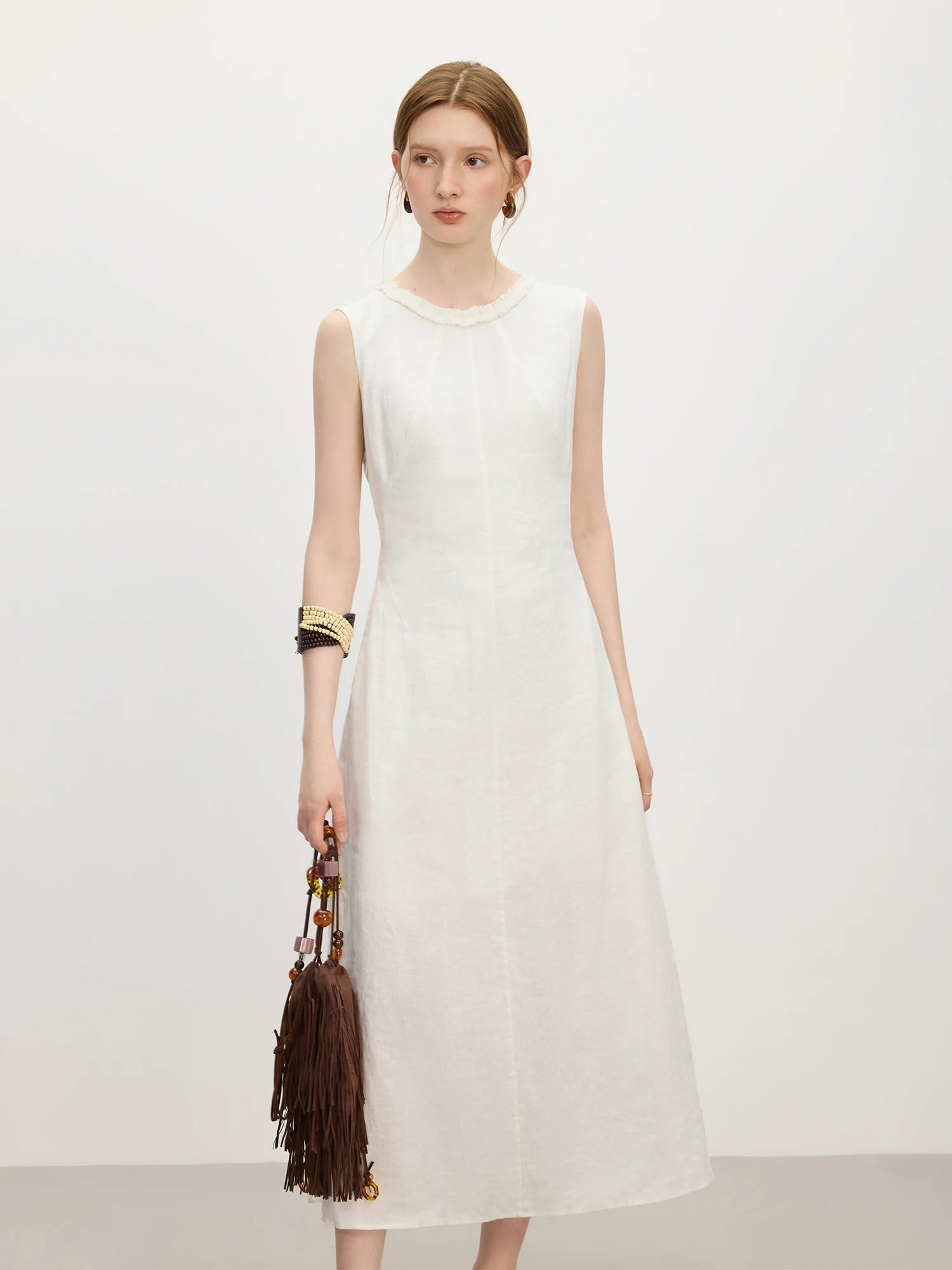 Elegant Linen Sleeveless Summer Dress - Beige