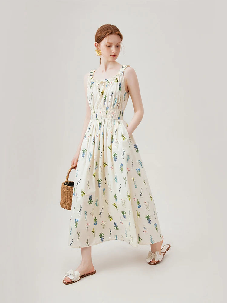 FSLE Women Sleeveless Long Dress Print Design High Waist X-LINE 2024 Summer New Thin Strappy Cotton Dresses 24FS18029