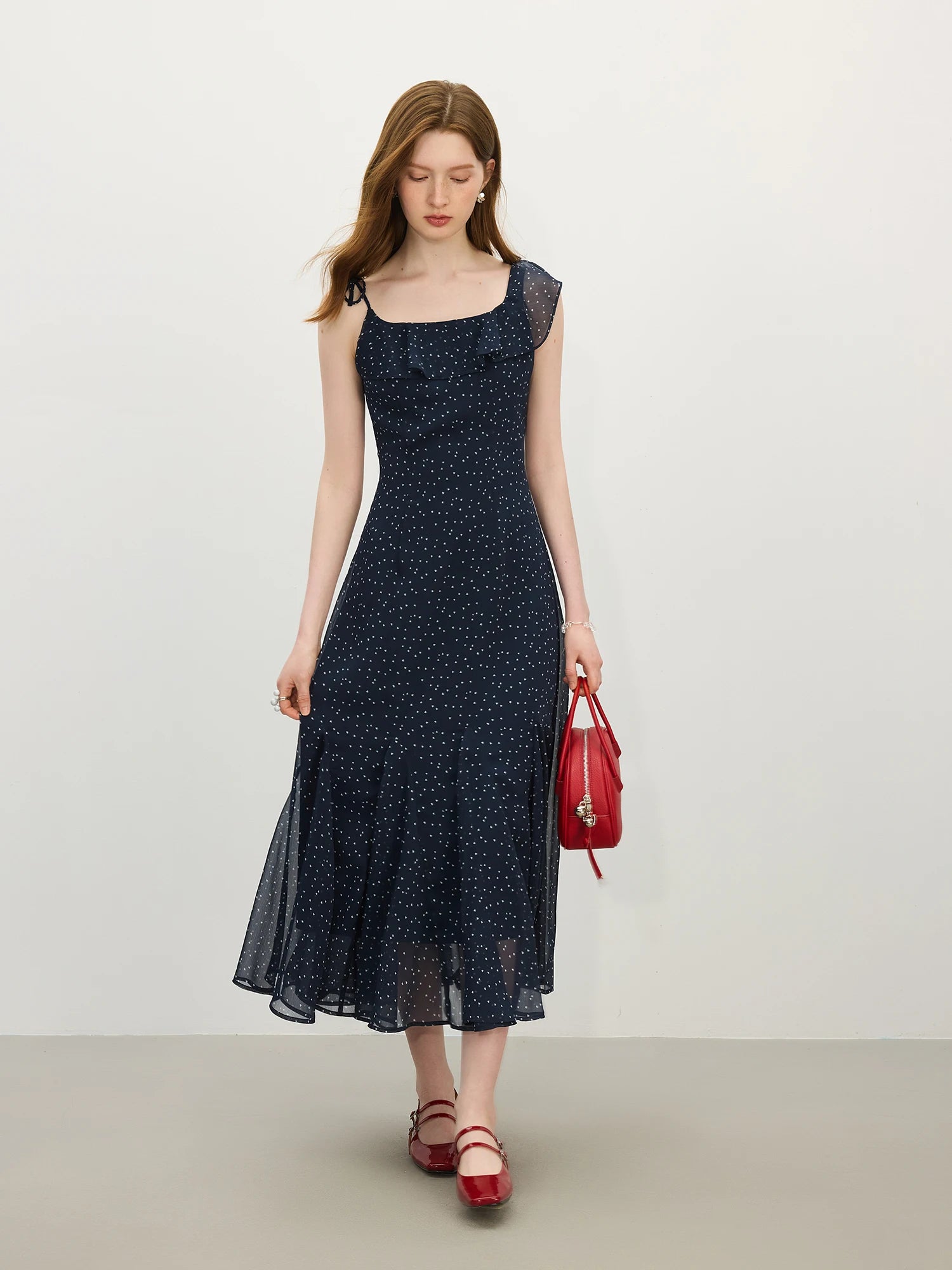 FSLE Love Heart Print Navy Chiffon Ruffled Strapless Dress for Women - Summer 2025 New Romantic Style Dresses 25FS12662