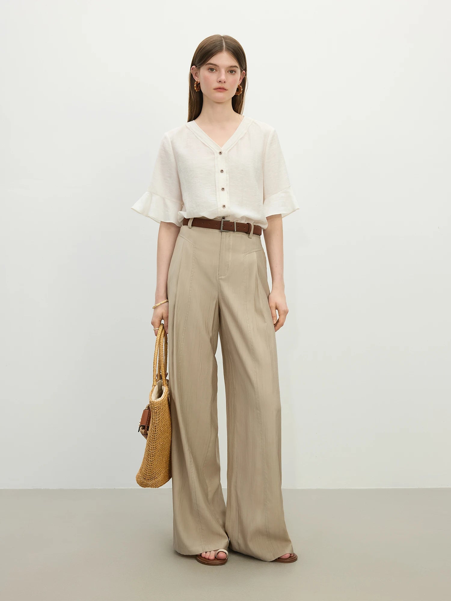 Fsle solto versátil drape calças casuais femininas 2025 verão nova cintura alta commuter calças retas 25fs12499