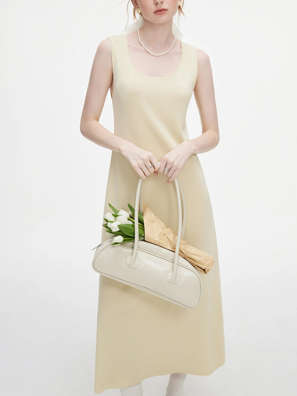 FSLE Women Grey Sleeveless Knitted Dress U-Neck Temperament 2024 Autumn All-Match Yellow Midi Long Lyocell Dresses 24FS13186