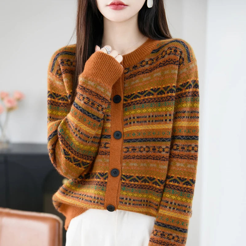 Yoyoselect 100% lã merino feminino listrado cardigan camisola fair isle cashmere camisola o pescoço macio quente topos roupas