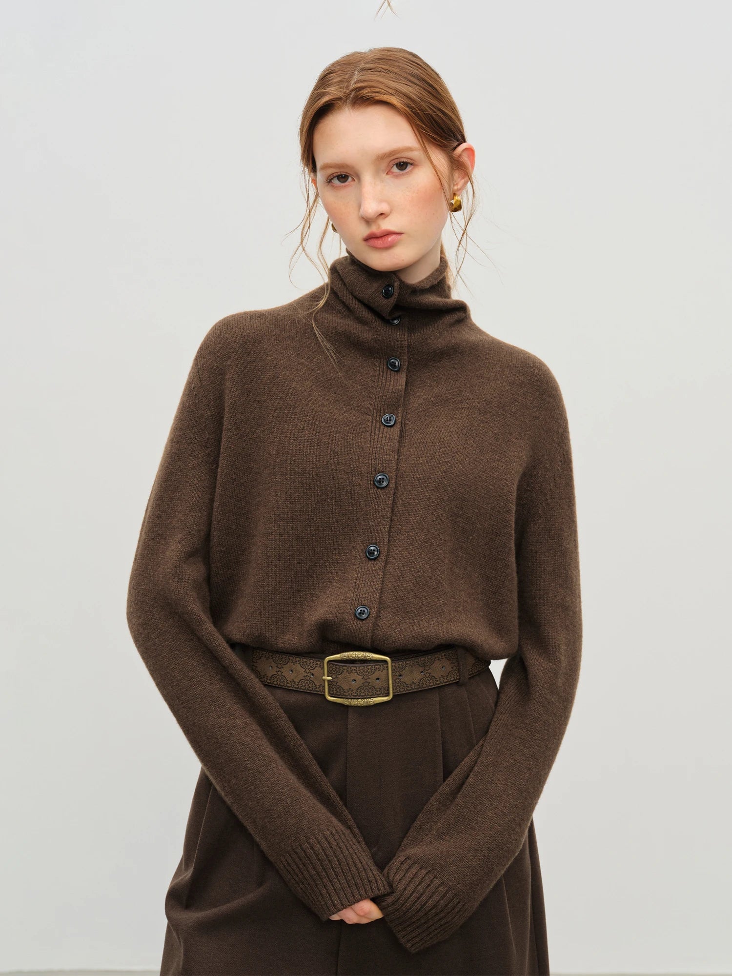 FSLE 2025 Winter Women's Convertible Collar Wool Blend Knit Cardigan - Turtle Neck & Lapel Two Way Wear Long Sleeve Coat