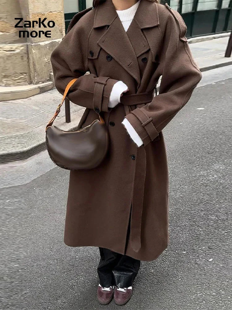 Elegante cinto cinza longo falso lã casaco feminino lapela duplo breasted casacos de rua feminino 2025 outono inverno nova senhora peacoat